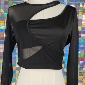 Black Mesh Long‎ Sleeve Crop Top Cutout Sexy Party Clubwear
